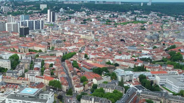 Panoramic aerial view around the old town of the city Nancy in France on a sunny spring day