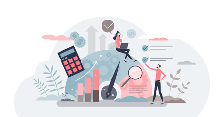 Fototapeta na wymiar Benchmarking as business compare tool for improvement tiny person concept, transparent background.Performance, quality and cost comparison to competitor companies illustration.