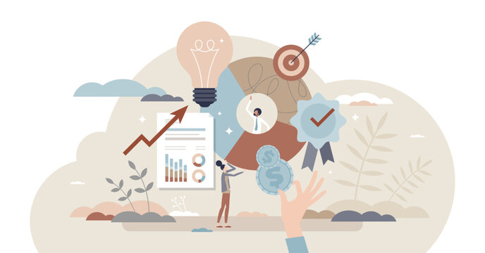 Brand equity and company recognition financial value tiny person concept, transparent background. Commercial and marketing communication result as loyal customer engagement illustration.