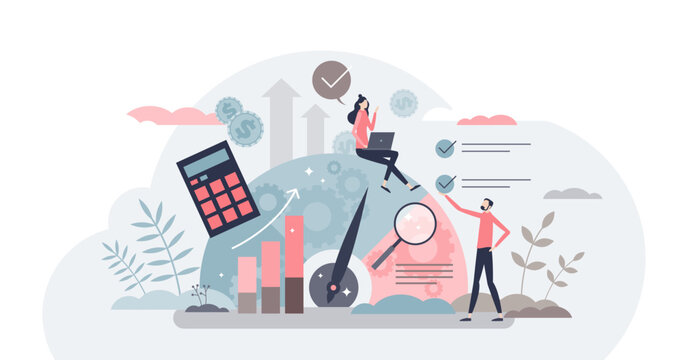 Benchmarking as business compare tool for improvement tiny person concept, transparent background.Performance, quality and cost comparison to competitor companies illustration.