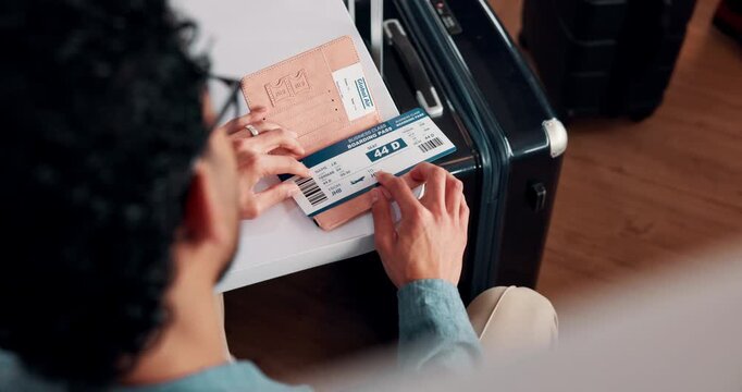 Business, above or hands at airport with boarding pass, time confirmation or passport for corporate trip. Travel, booking review or man with slip, employee permit or schedule inspection for flight.