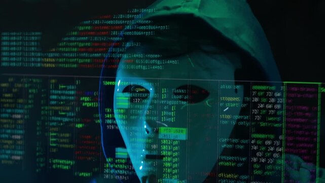 Masked hacker hacking computer. anonymous hacker wearing mask and black hoodie in dark room. online scam and cyber security threat.