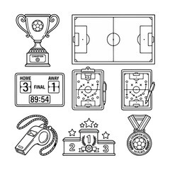 Football tournament line icon set featuring soccer equipment, match actions, awards, stadium elements, and game symbols in an outline style. © Mukhlis