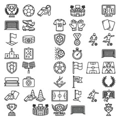 Football tournament line icon set featuring soccer equipment, match actions, awards, stadium elements, and game symbols in an outline style. © Mukhlis