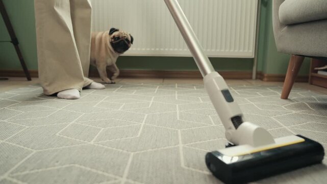 Young woman cleaning floor with cordless vacuum cleaner while cute pug dog standing nearby in cozy apartment interior