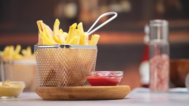 French fries dipping into ketchup close up, crispy fast food scene, copy space