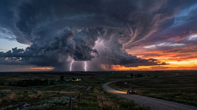 Driving towards a dramatic supercell thunderstorm with lightning strike at sunset