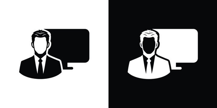 Detail corporate businessman avatar with computer illustration. Flat user icon for IT support specialist, software engineer, digital marketer, and remote corporate management.