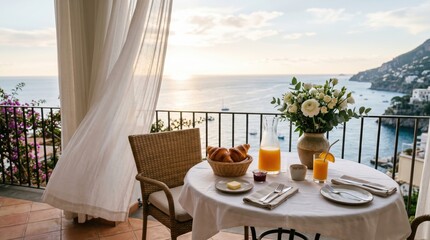 Obraz premium Outdoor breakfast table with croissants and orange juice set for two on balcony overlooking calm sea at sunrise with sheer curtains billowing