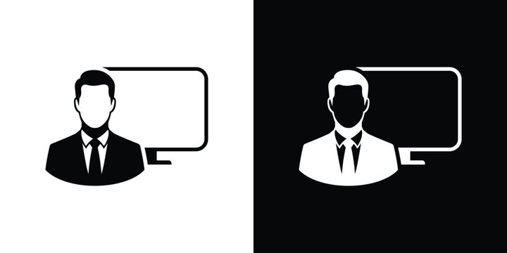 Detail corporate businessman avatar with computer illustration. Flat user icon for IT support specialist, software engineer, digital marketer, and remote corporate management.