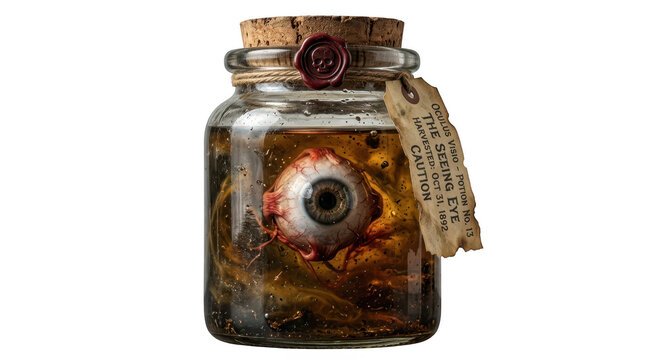 Preserved human eyeball in an antique specimen jar with potion label isolated on transparent background