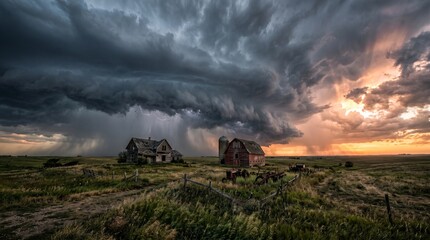Fototapeta premium Severe Supercell Thunderstorm Over Abandoned Farm at Sunset