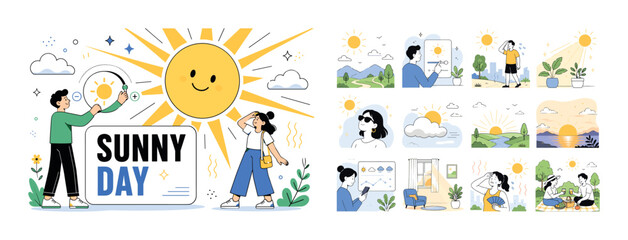 Obraz premium Sun Brightness Weather banner. One character adjusting oversized sun brightness icon, another shielding eyes from light, large sun with rays dominates scene, small clouds sparkles and heat lines