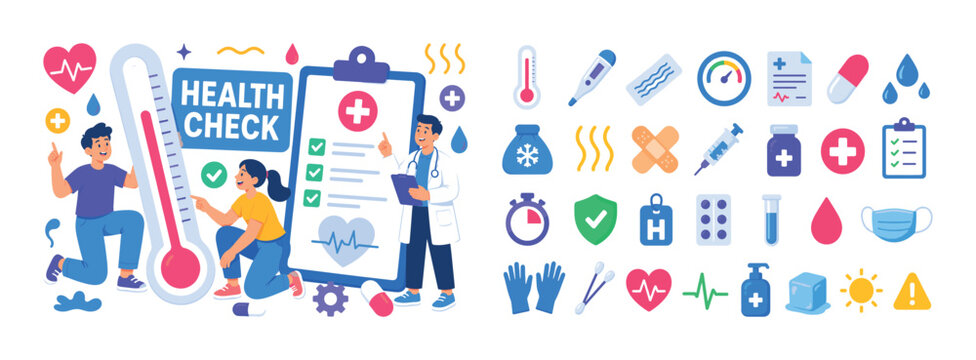 Thermometer Health Check banner with 2 expressive stylized human characters checking an oversized thermometer and a large medical clipboard, playful poses and visible faces, full canvas edge-to-edge
