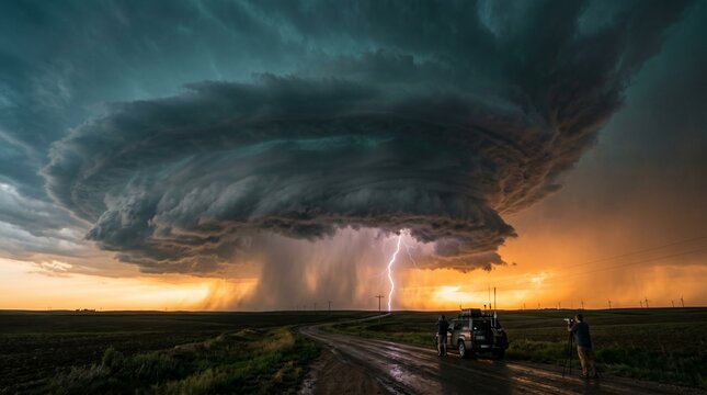 Storm Chasers Photographing Supercell Thunderstorm and Lightning