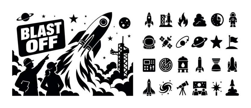 Rocket Launch Symbol. Banner with engineer pointing at rising rocket and observer, oversized rocket and oversized exhaust flame, small elements stars smoke clouds launch tower filling edges, bold
