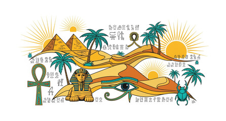Obraz premium Ancient Egyptian vector collection with desert elements and hieroglyphic symbols