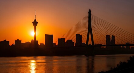 Fototapeta premium City skyline silhouette with bridge and tower at sunset