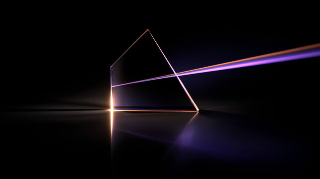 separation. Two colored light beams refracted by a clear glass prism on dark background. STEM education sheets, lab safety posters, designed for biotech research communications.