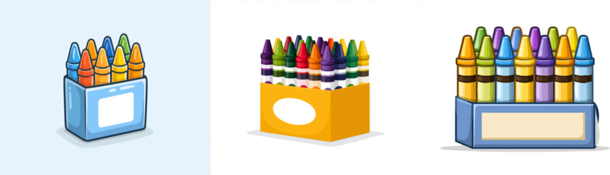 A vibrant, whimsical illustration of a blue crayon box with colorful crayons sticking out, set against a solid white background, exudes cheerful creativity