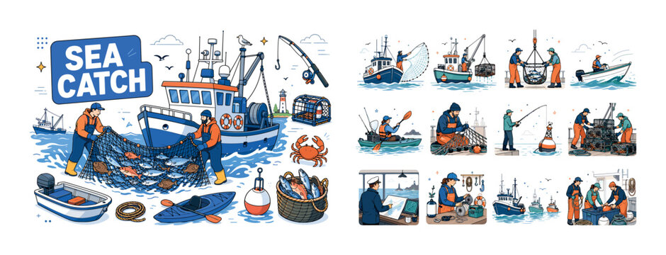 Fishing Vessel Equipment. Fishing vessels, trawler, lobster boat, skiff, kayak, nets, traps, rods, catch hauling and maritime gear. Clean editorial banner with one nautical fishing scene: 2 geometric