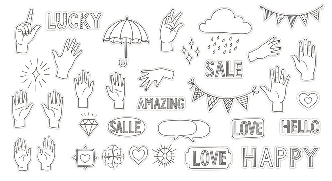 Hand drawn doodle set with words and hands