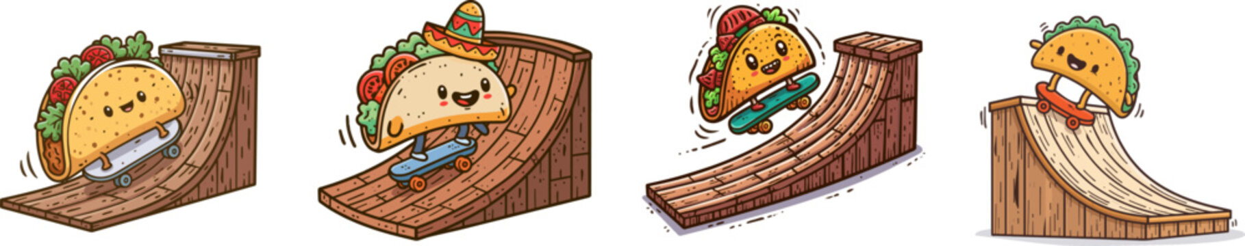 A cheerful taco character with bold outlines and vibrant colors is riding a skateboard down a wooden halfpipe ramp on a solid white background