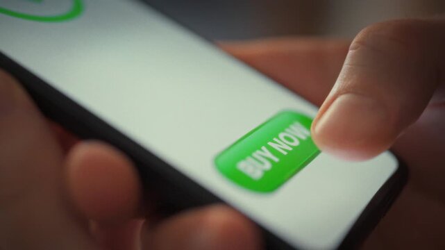 On smartphone screen, man confirms an online purchase by tapping a button. The payment processes instantly, and a success notification pops up, highlighting how tech makes shopping swift, effortless