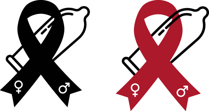 Hiv awareness ribbon with male and female symbols in black and red color variations