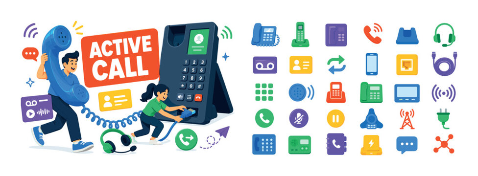 Telecom Desk Phones banner scene with two expressive office support characters stretching across the full canvas, one character holding an oversized ringing corded handset from the left edge to the