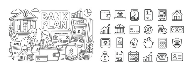 Obraz premium Bank Financial Services. Banner line art composition featuring a banking service scene spread across the full canvas, two bank consultants reviewing an oversized wallet and large online banking