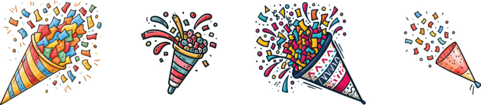 A colorful doodle illustration of a confetti popper exploding with vibrant cheerful colors, bold clean dark outlines, cute whimsical hand-drawn style, strictly isolated on a solid plain white