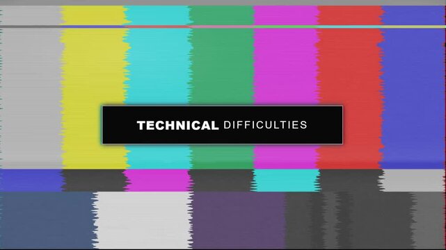 Glitch television color bars with technical difficulties text and distorted broadcast static