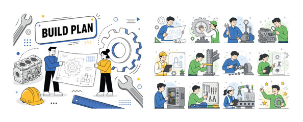 Fototapeta premium Engineering Industrial Tools. Clean editorial banner with one main engineering scene: two geometric characters reviewing an oversized blueprint beside a large mechanical gear, with wrench, helmet,