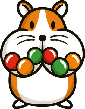 A cute hamster illustration with giant pout cheeks filled with colorful marbles stands isolated on a white background in a whimsical, child-drawn style