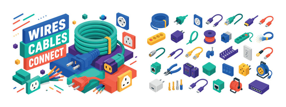 Wires Cables Connect , oversized cable coil with plug connectors and bold geometric depth, stepped platform blocks, floating socket tiles and diagonal surface accents, asymmetric editorial layout,