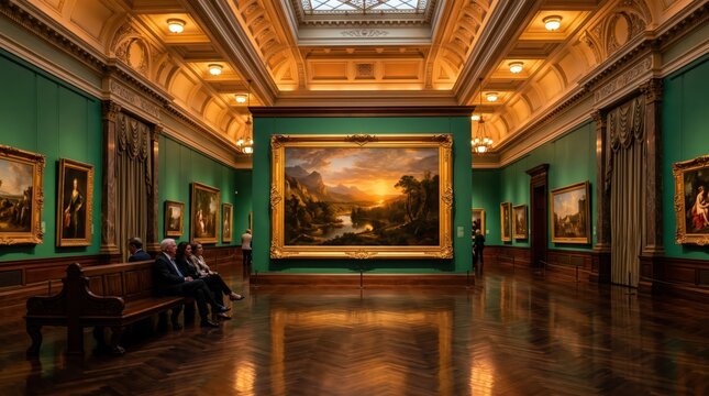Museum gallery interior with large framed landscape painting displayed on green wall under ornate skylight in formal exhibition hall with parquet floor and seated visitors