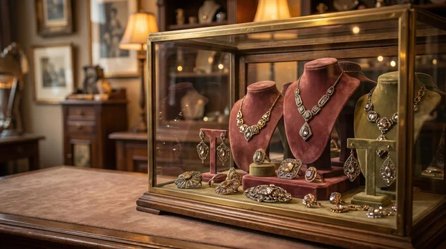 Atmospheric interior view of vintage jewelry counter filled with old treasures and decor