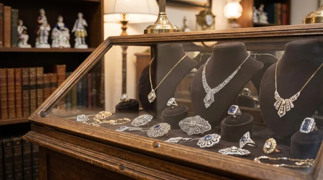 Illuminated glass display cabinet features exquisite vintage necklaces and bracelets in antique shop