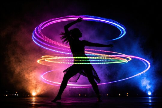 Female performer in black dress hula hoops with illuminated rings, creating vibrant light trails against a dark background with colorful smoke and stage lighting effects