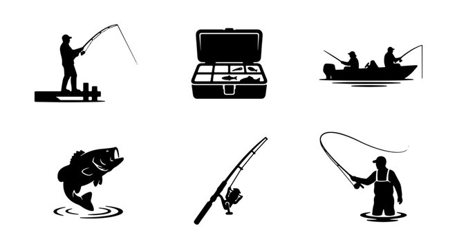 Fishing Icons Set: Angler Silhouettes, Tackle Box, Bass Fish, Rods, Boat, Vector Graphics