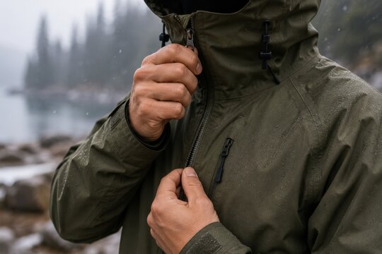 Man in green waterproof jacket zips up while standing near a lake surrounded by trees and rocky shoreline, with rain falling and mist in the background creating a natural outdoor setting