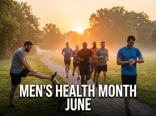 Obraz premium Mens Health Month June text with diverse group of men jogging in park at sunrise lifestyle stock photo
