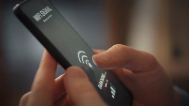 A man holds a smartphone, its screen scanning for Wi-Fi. The device detects an open network, connects instantly, and brings internet online, showcasing everyday reliance on modern wireless technology