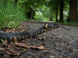 Obraz premium Black and yellow patterned snake with forked tongue on a gravel path surrounded by green grass and trees in a natural outdoor setting during daylight
