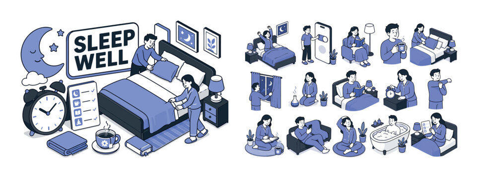 Healthy Sleep Hygiene banner, clean focused full-canvas scene of two expressive people creating a bedtime routine around one oversized cozy bed stretching to right and bottom edges, large moon and