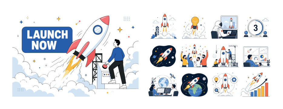 Rocket Launch Startup Scenes banner showing a character launching a rocket with oversized rocket and smoke clouds filling edges, small stars and motion lines around, bold uppercase LAUNCH NOW inside