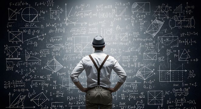 Man facing chalkboard with math content
