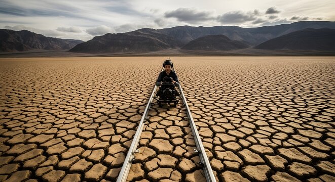 Man riding vehicle on rails in desert