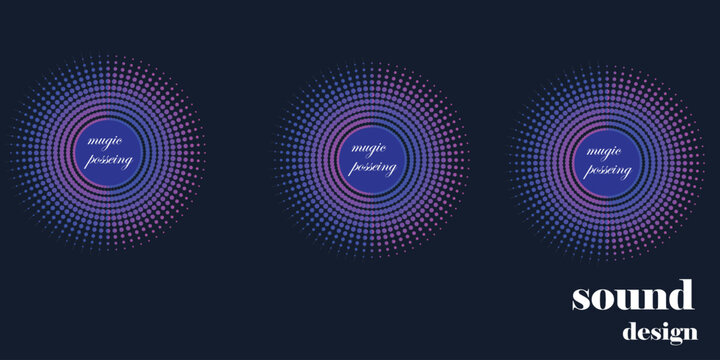 Three circular sound wave patterns in blue and pink on a dark background with sound design text